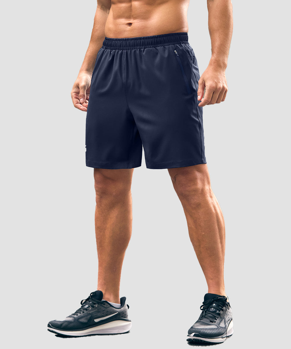 men's elastic waist zipper pockets short 7'' in navy - front view