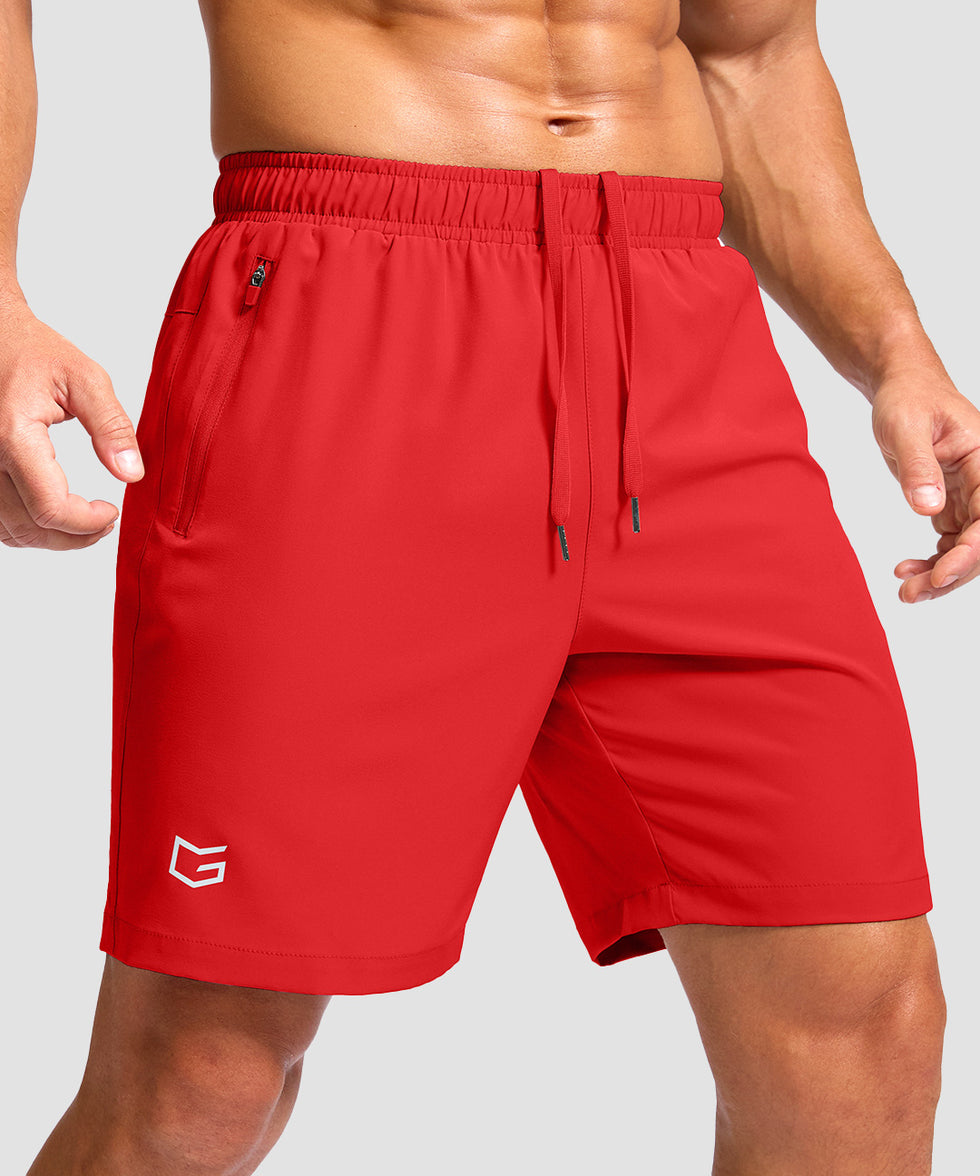 men's elastic waist zipper pockets short 7'' in red - zipper pocket detail view