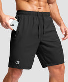men's elastic waist zipper pockets short 9'' in black - zipper pocket detail view