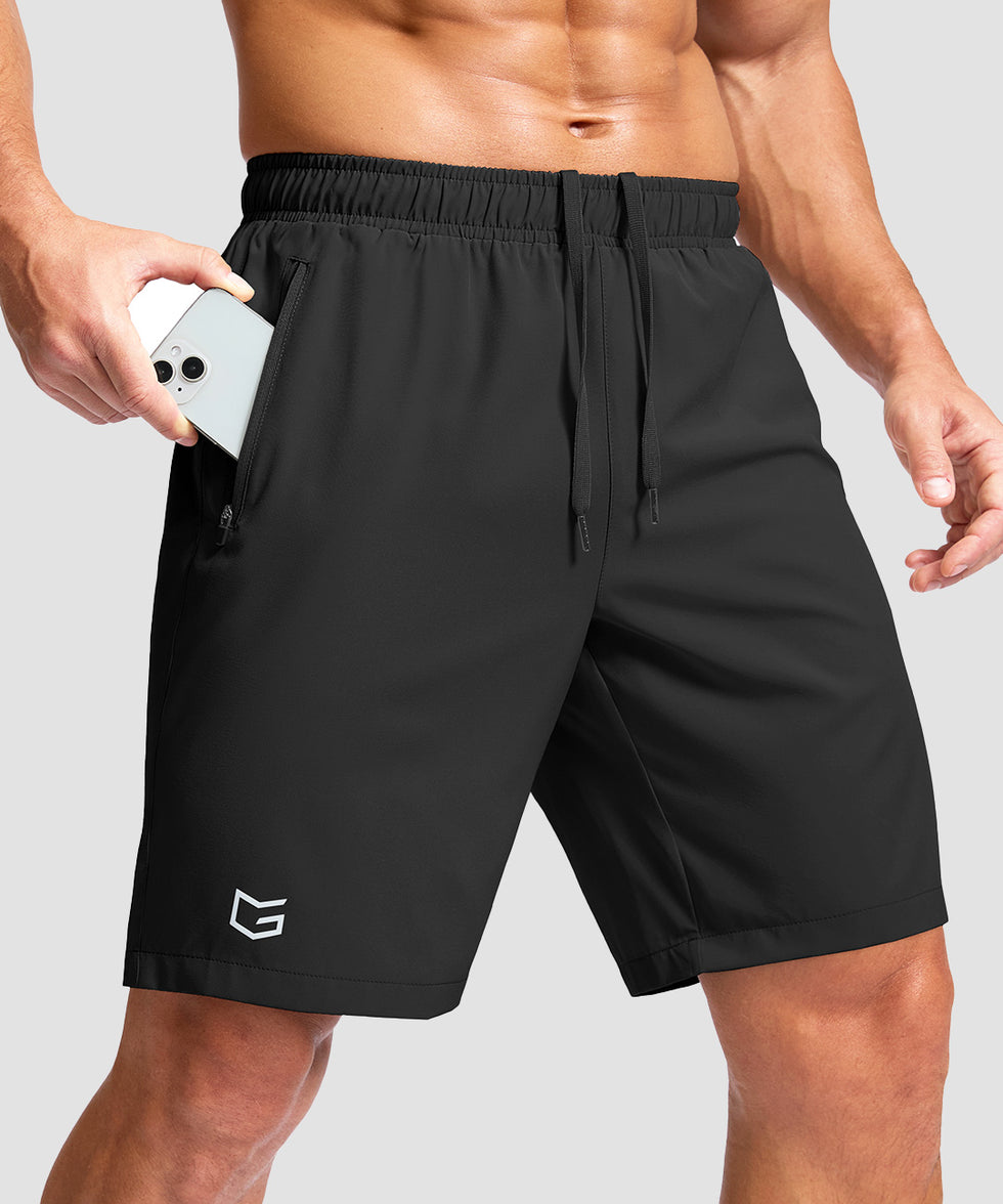 men's elastic waist zipper pockets short 9'' in black - zipper pocket detail view