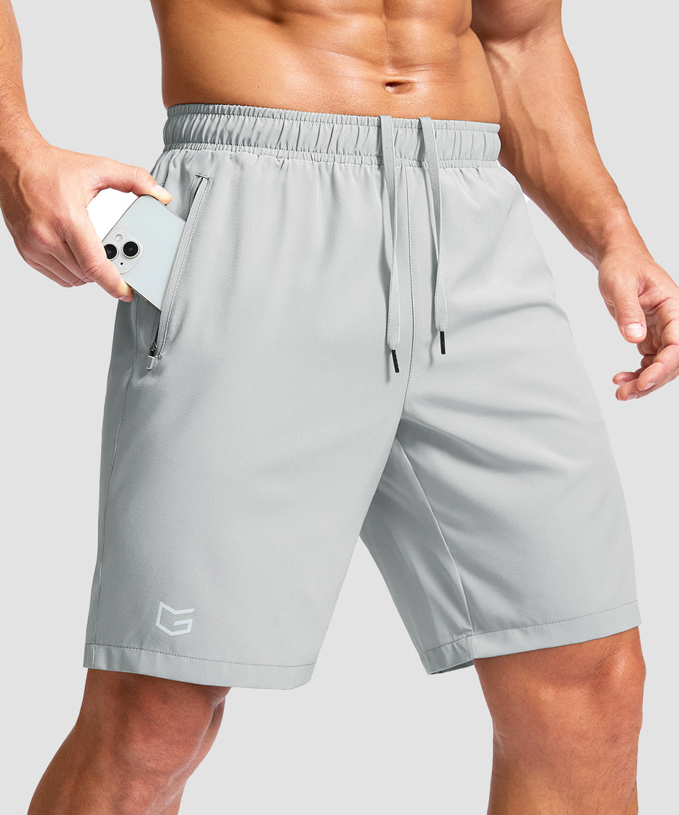 men's elastic waist zipper pockets short 9'' in bright gray - zipper pocket detail view