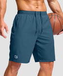 men's elastic waist zipper pockets short 9'' in dusty blue - zipper pocket detail view