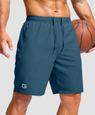 men's elastic waist zipper pockets short 9'' in dusty blue - zipper pocket detail view