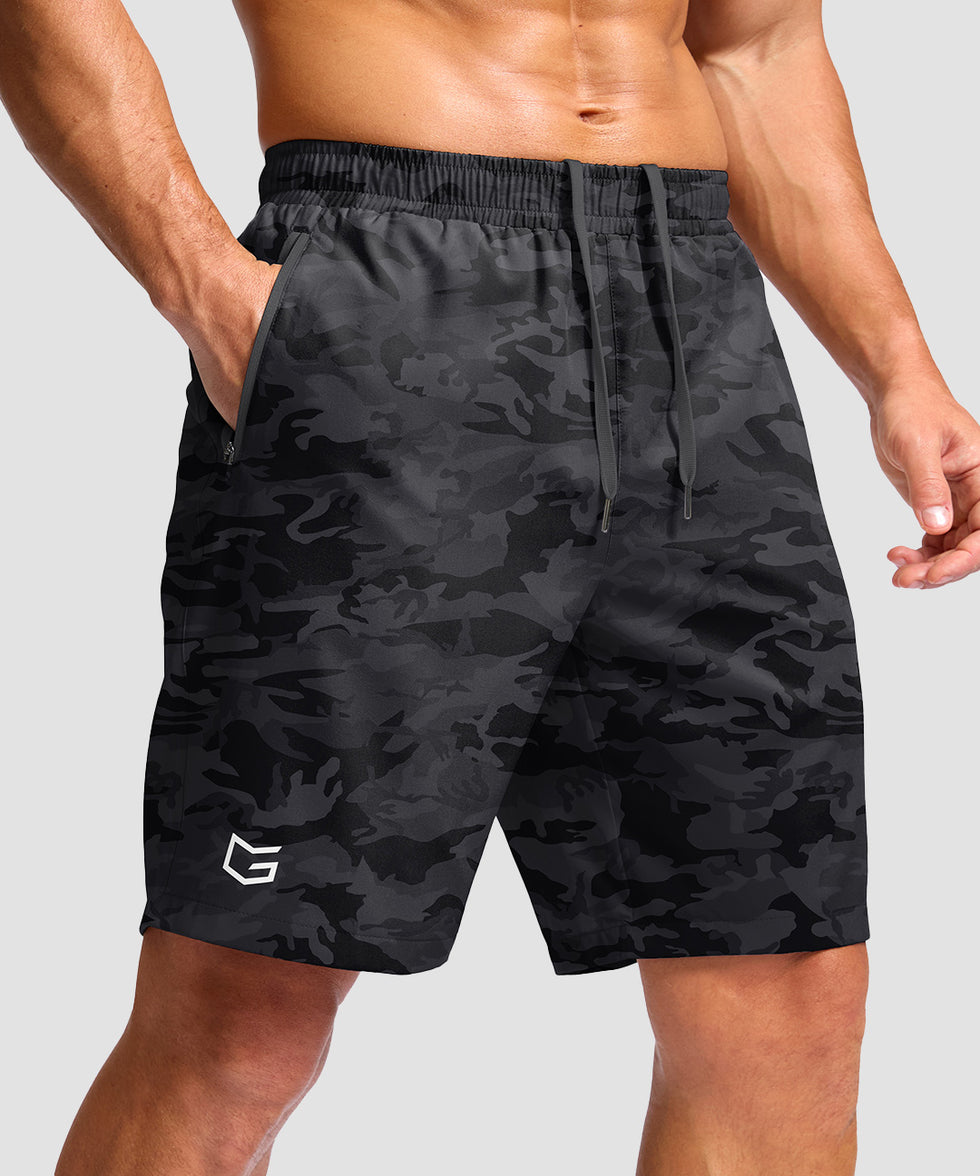 men's elastic waist zipper pockets short 9'' in gray camo - zipper pocket detail view