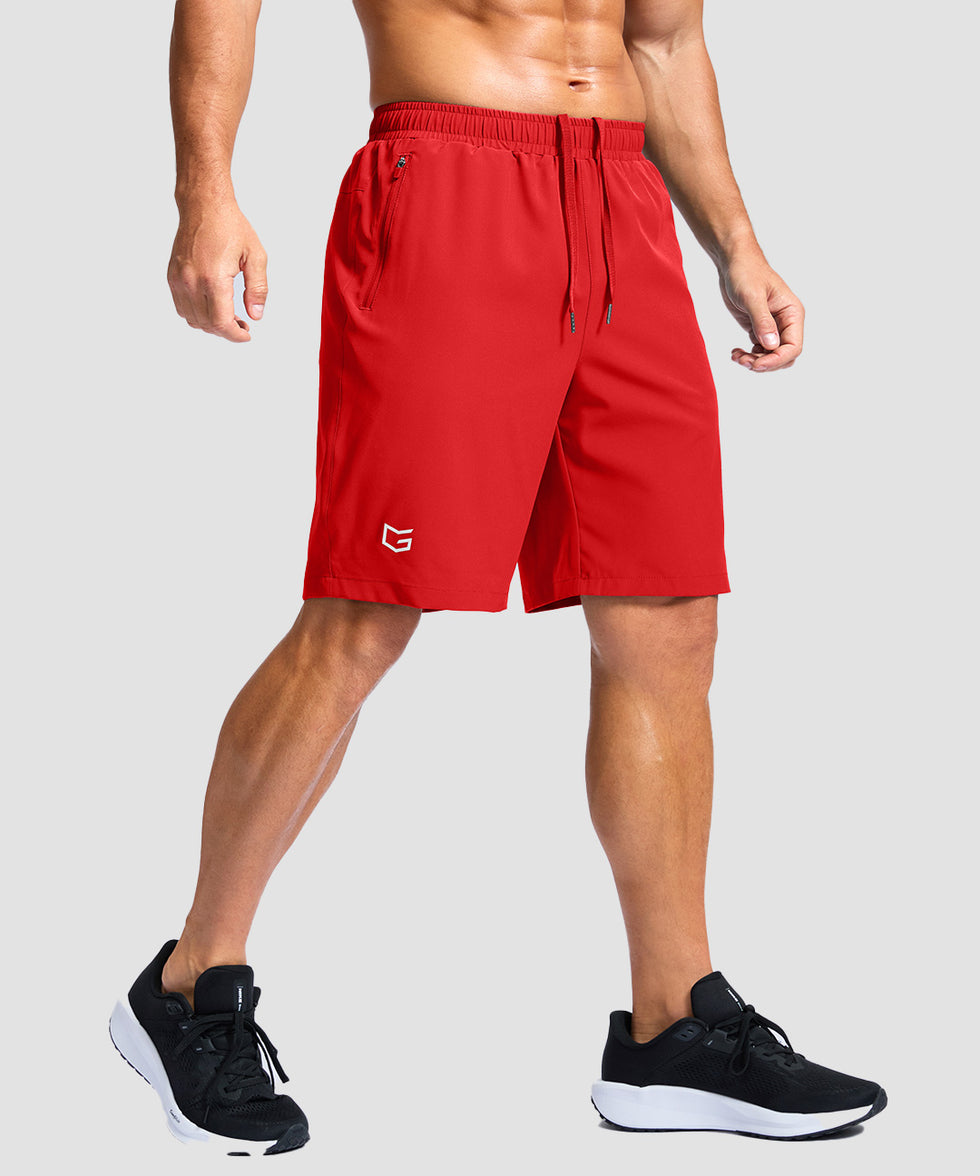 men's elastic waist zipper pockets short 9'' in red - side view