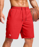 men's elastic waist zipper pockets short 9'' in red - zipper pocket detail view