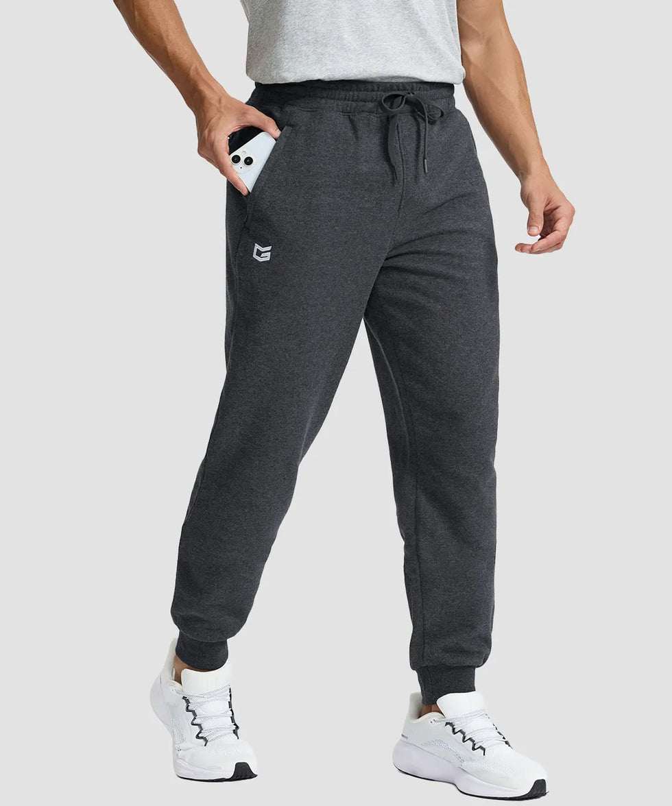 men's fleece-lined cotton joggers in heather charcoal - zipper pocket detail view