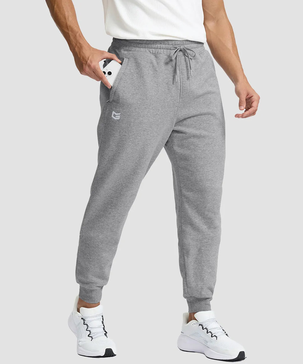 men's fleece-lined cotton joggers in heather light gray - side zipper pocket detail view