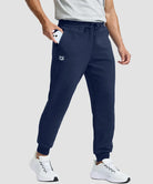 men's fleece-lined cotton joggers in navy - zipper pocket detail view