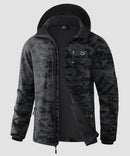 men's fleece-lined hooded softshell jacket in black camo - fabric detail