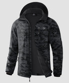 men's fleece-lined hooded softshell jacket in black camo - fabric detail