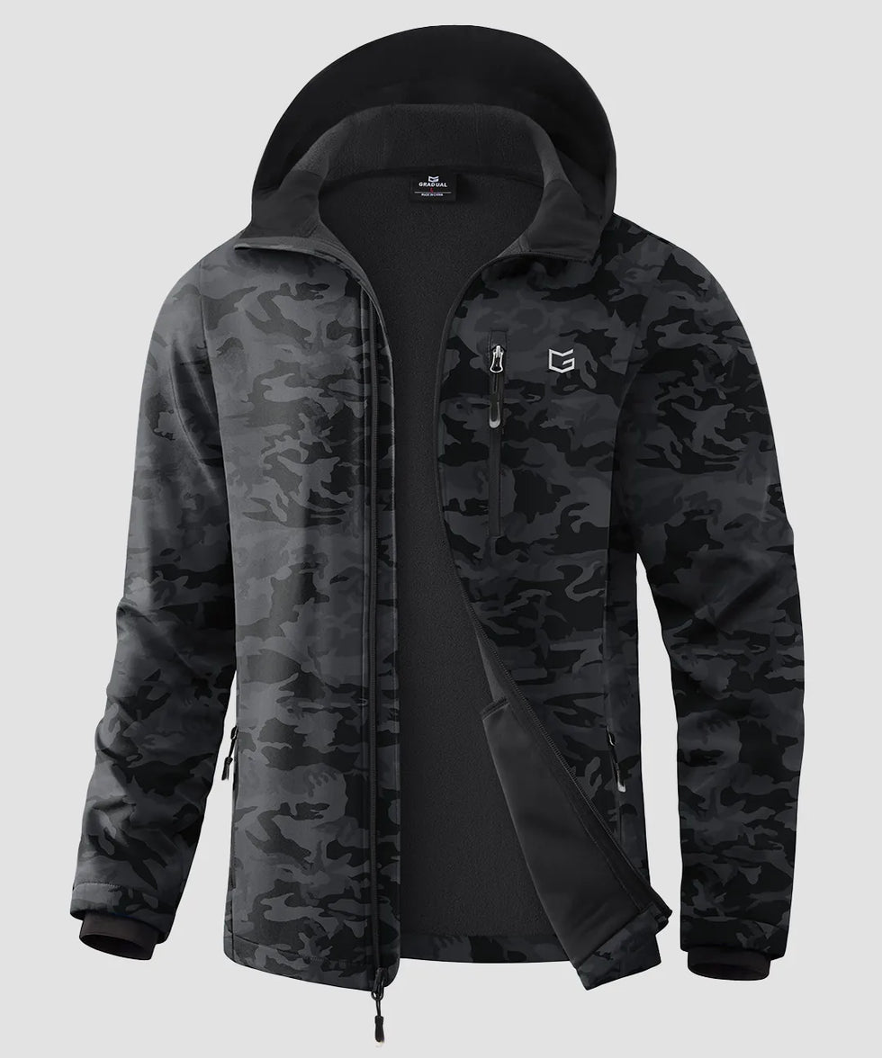 men's fleece-lined hooded softshell jacket in black camo - fabric detail