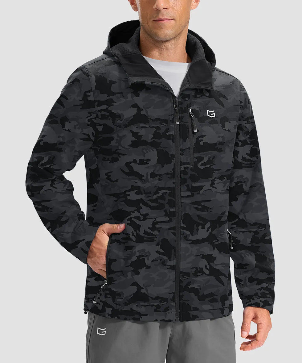men's fleece-lined hooded softshell jacket in black camo - front view