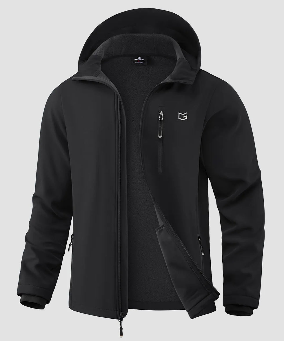 men's fleece-lined hooded softshell jacket in black - fabric detail