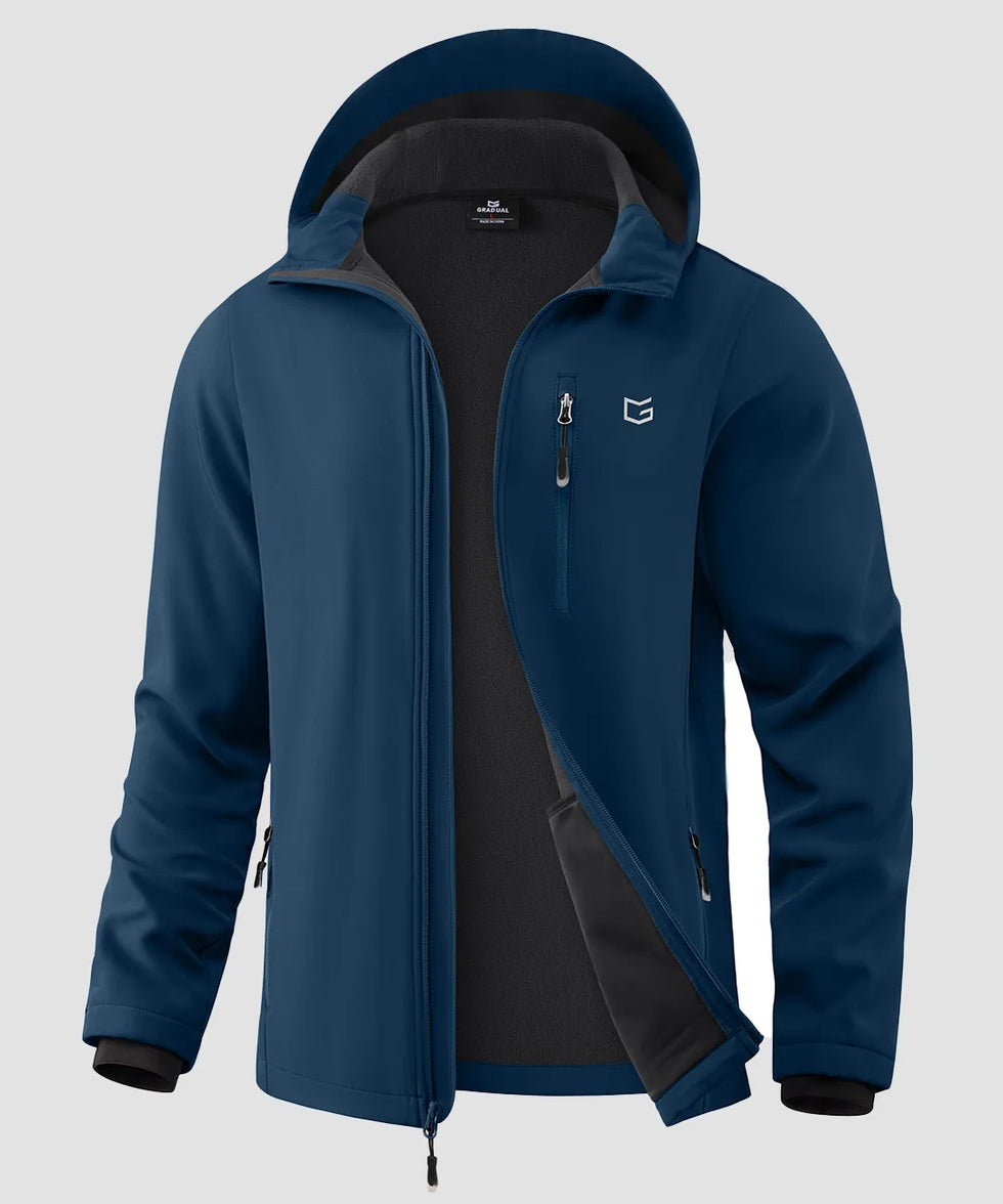 men's fleece-lined hooded softshell jacket in dark blue - fabric detail