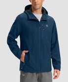 men's fleece-lined hooded softshell jacket in dark blue - front view