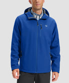 men's fleece-lined hooded softshell jacket in deep royal blue - front view