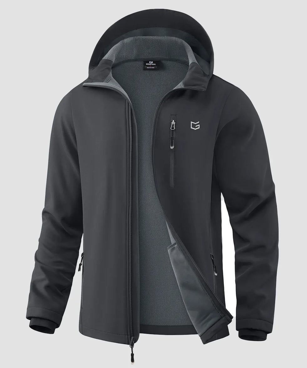 men's fleece-lined hooded softshell jacket in gray - fabric detail