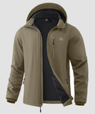men's fleece-lined hooded softshell jacket in olive khaki - fabric detail