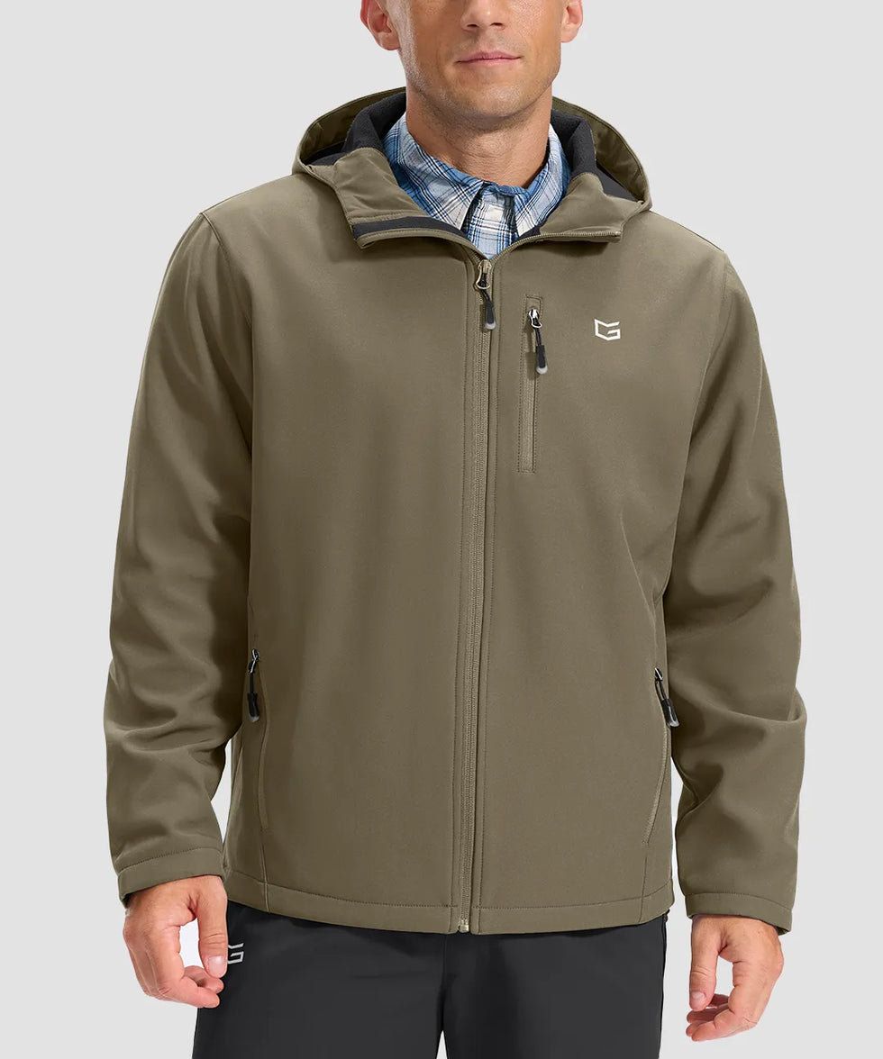 men's fleece-lined hooded softshell jacket in olive khaki - front view