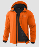men's fleece-lined hooded softshell jacket in orange - fabric detail