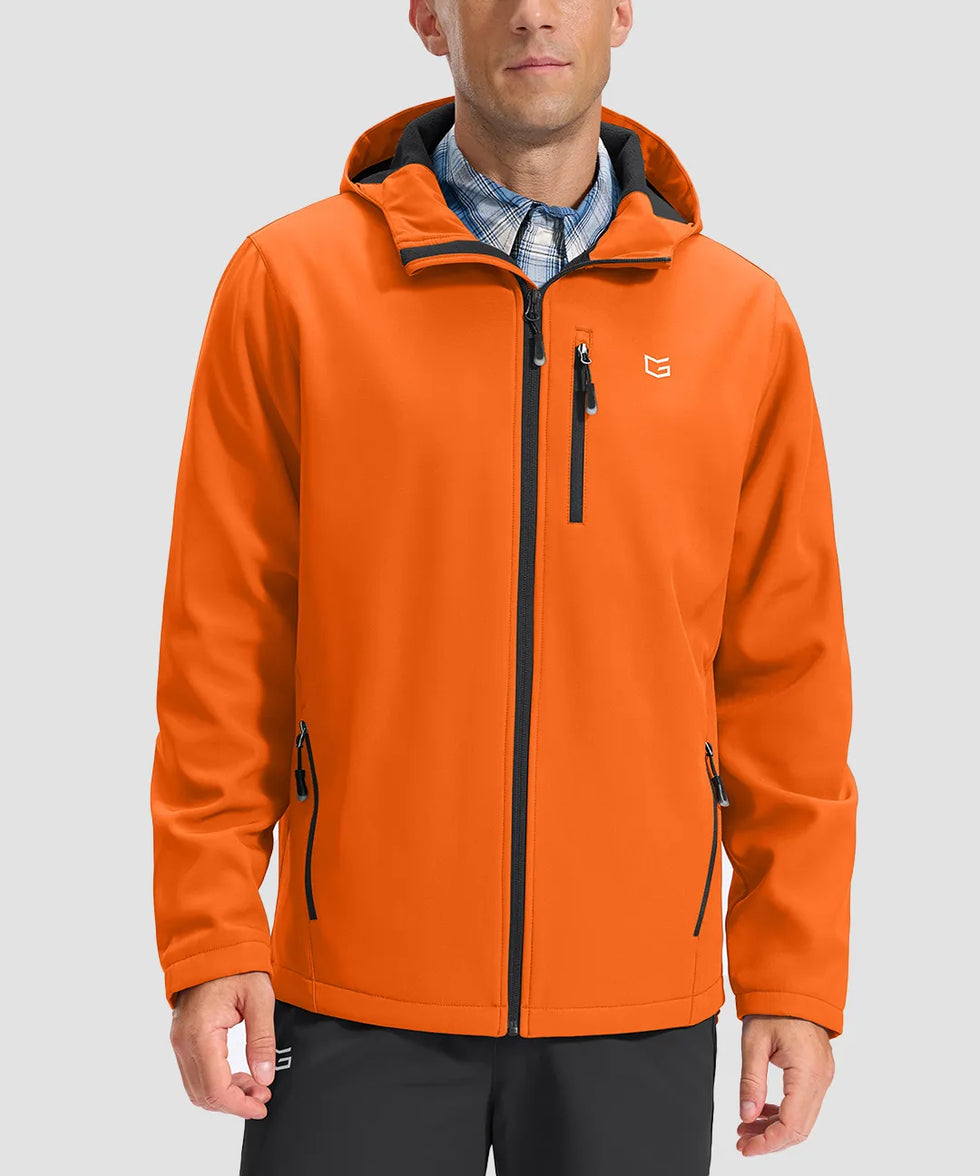 men's fleece-lined hooded softshell jacket in orange - front view