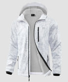men's fleece-lined hooded softshell jacket in white gray camo - fabric detail
