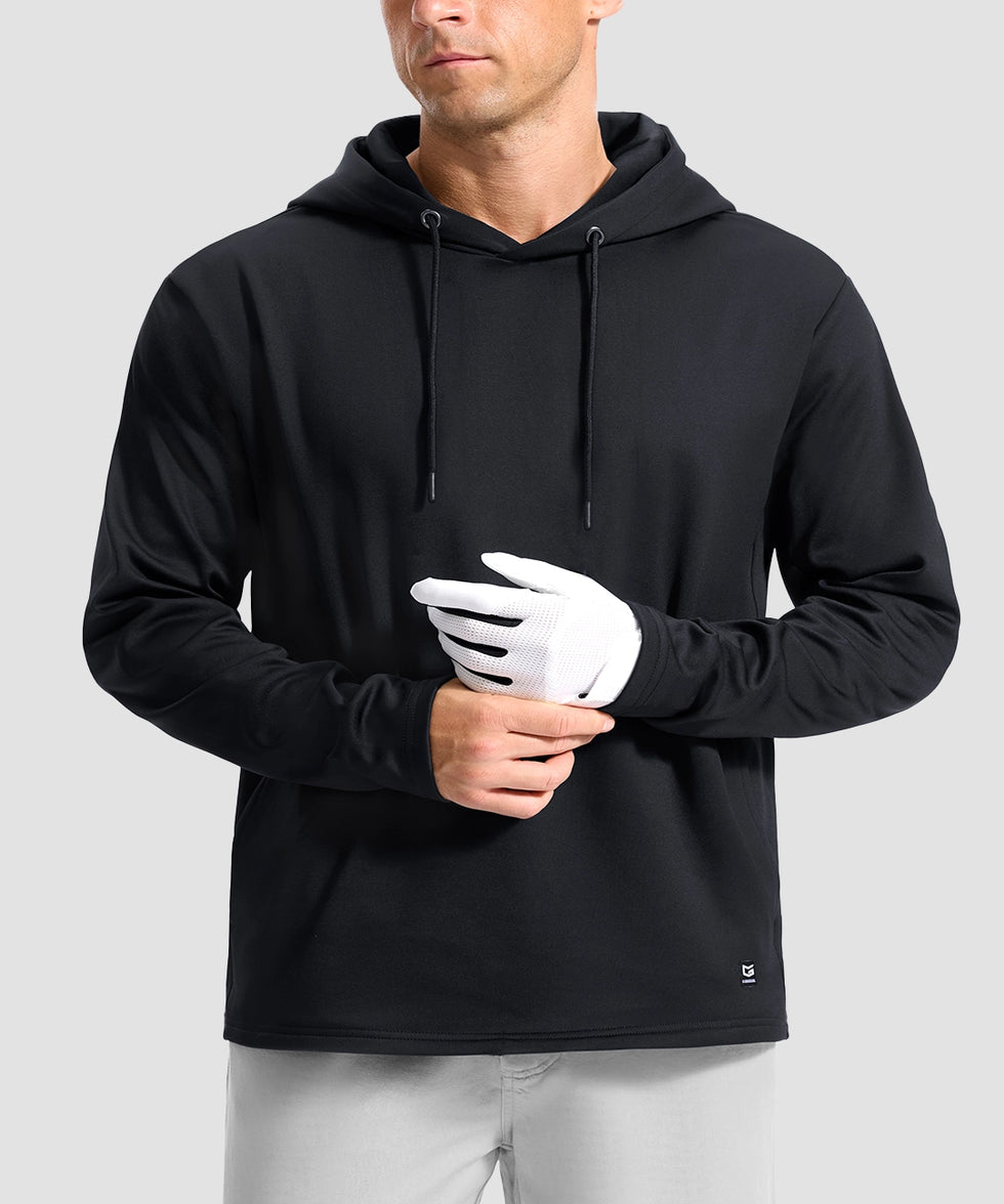 men's fleece-lined performance hoodie in black - neckline detail