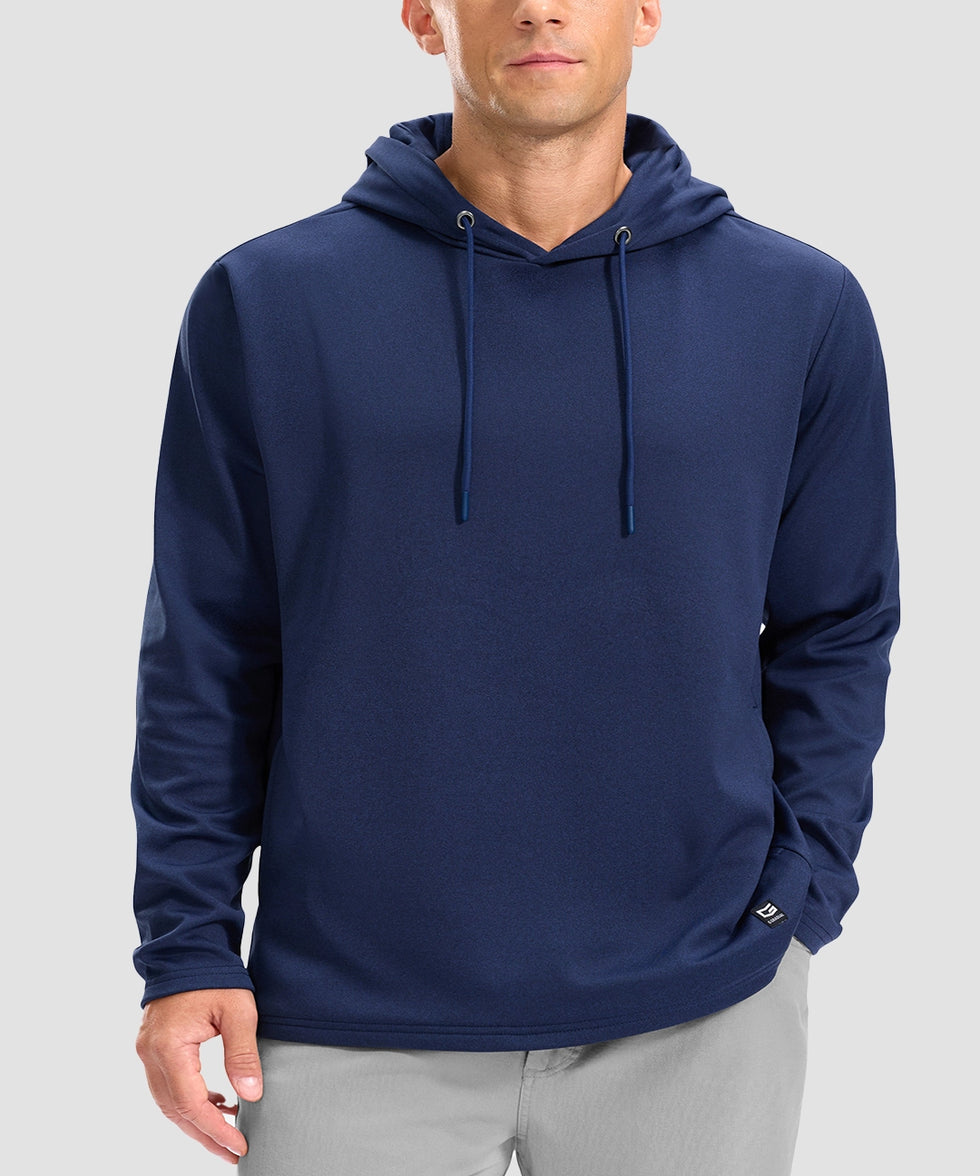 men's fleece-lined performance hoodie in heather dark blue - neckline detail