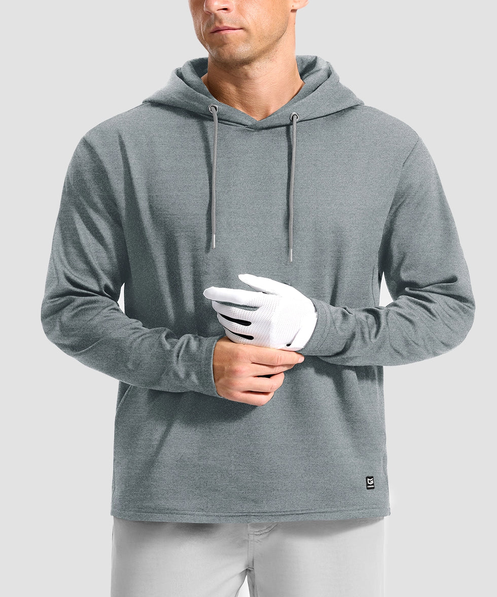 men's fleece-lined performance hoodie in heather light gray - neckline detail