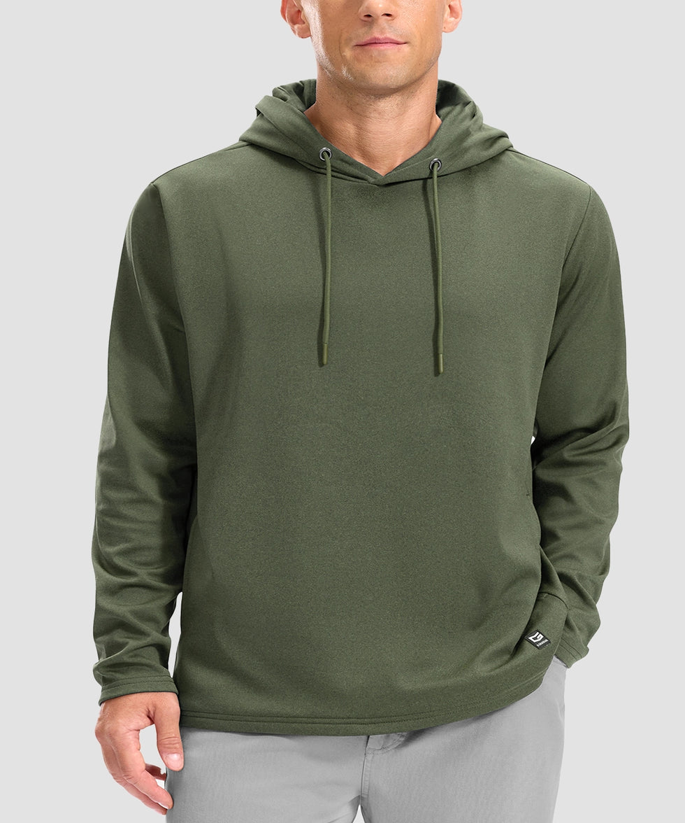 men's fleece-lined performance hoodie in heather olive - neckline detail