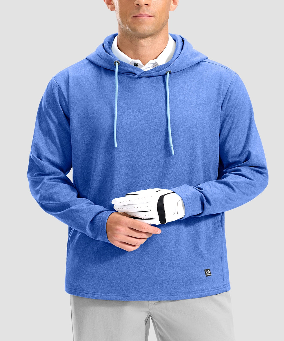 men's fleece-lined performance hoodie in heather royal blue - neckline detail