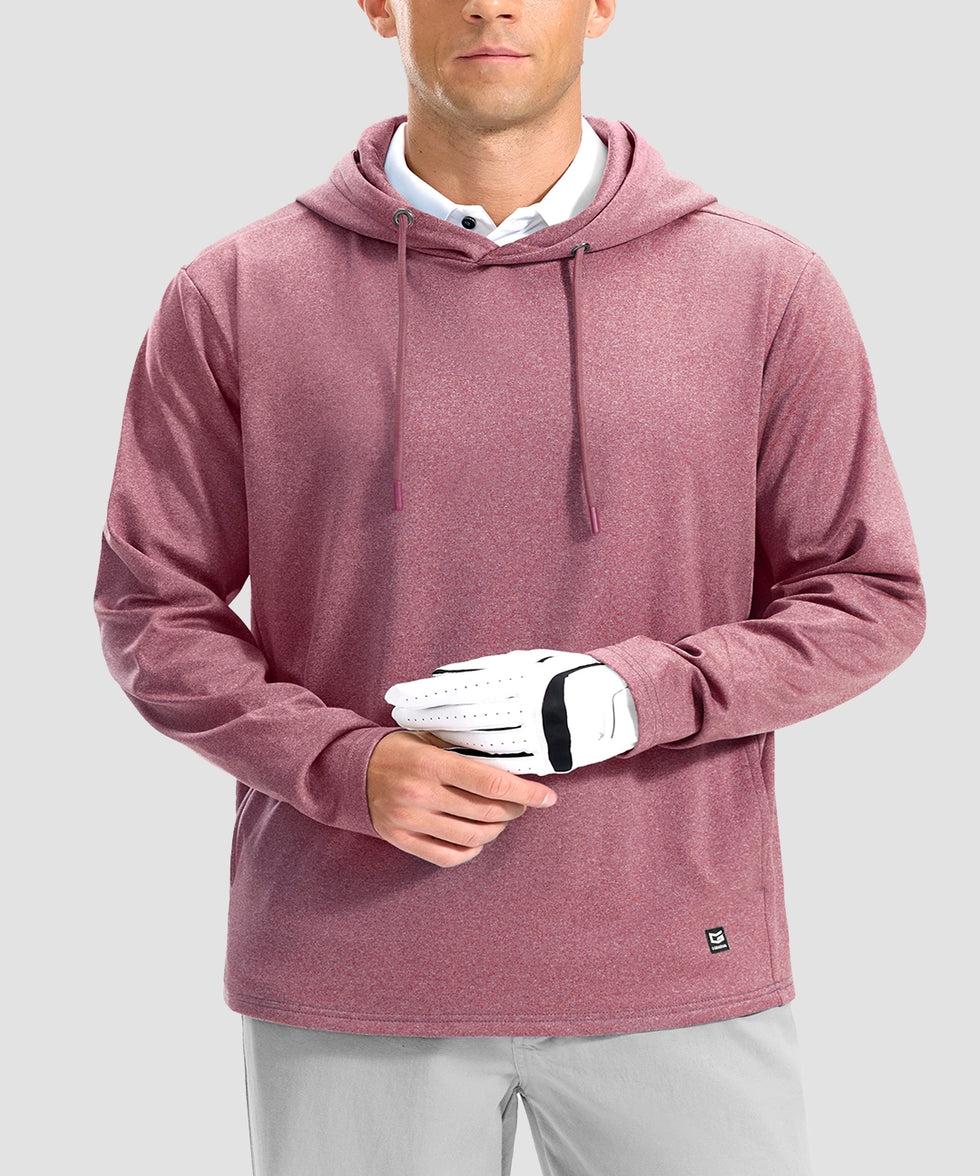 men's fleece-lined performance hoodie in heather rust red - neckline detail