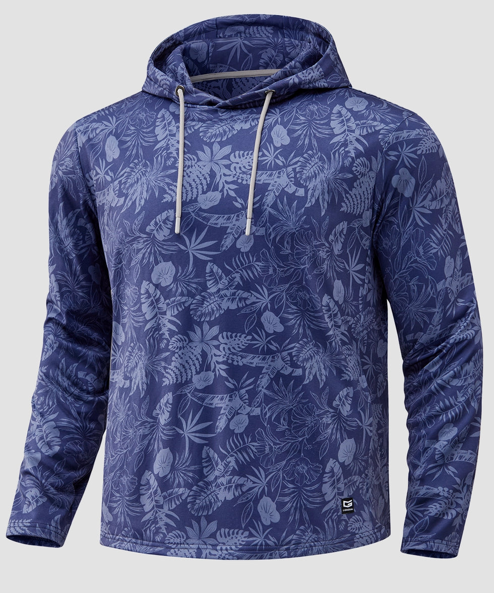men's fleece-lined performance hoodie in navy palm leaves - front view