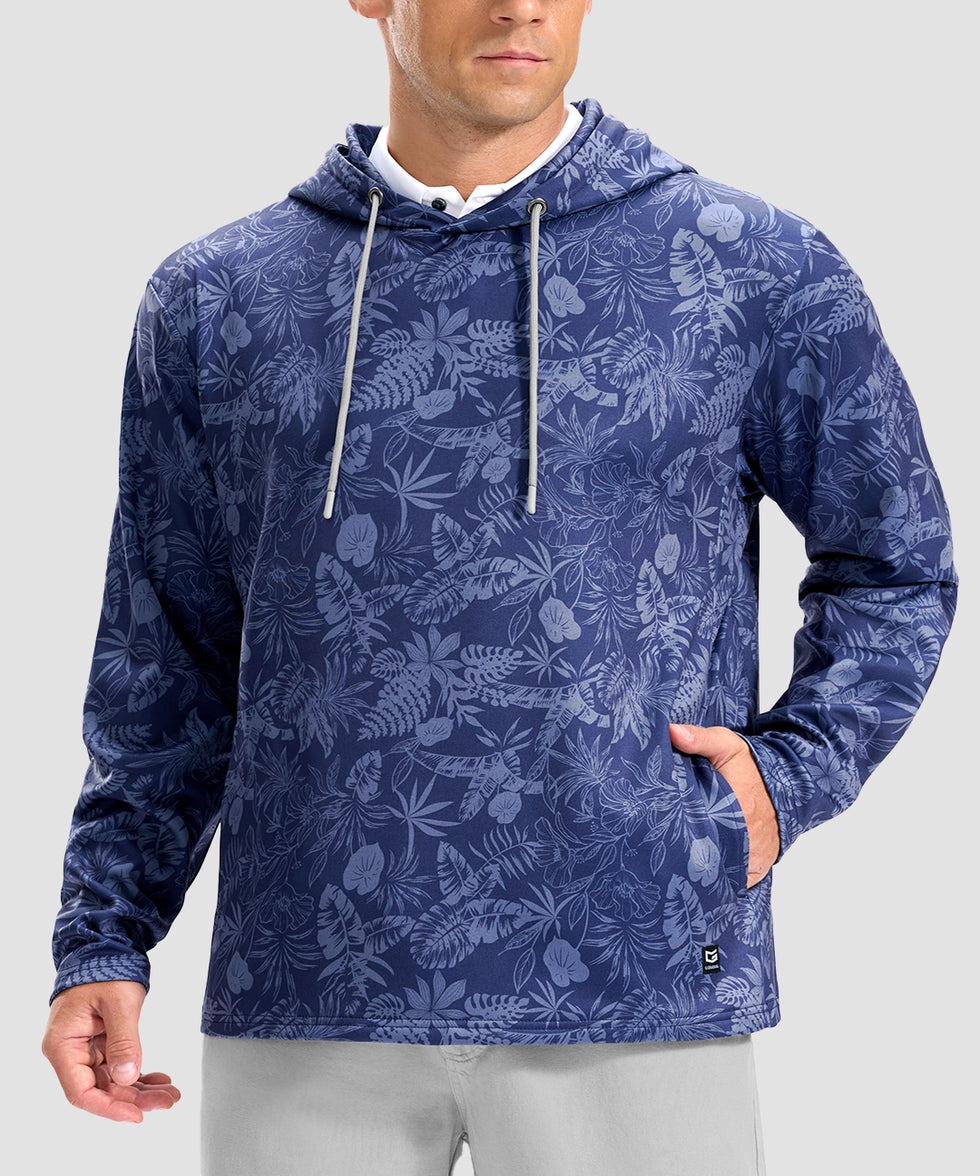 men's fleece-lined performance hoodie in navy palm leaves - pockets detail