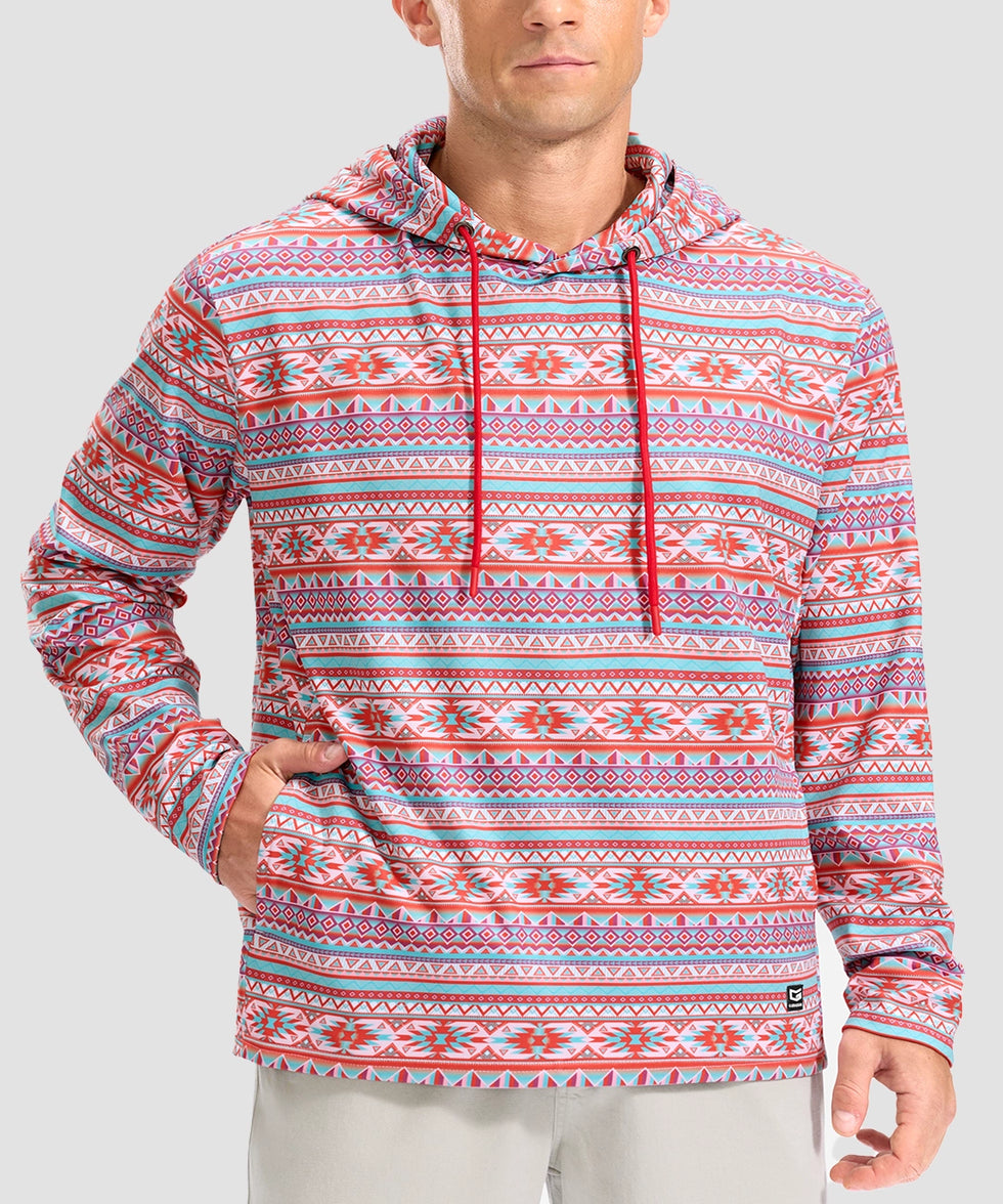 men's fleece-lined performance hoodie in red stripes - neckline detail