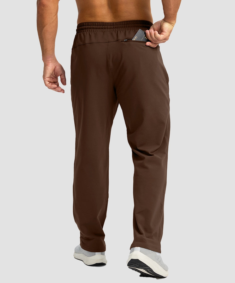 men's fleece-lined zip pockets stretch sweatpants in brown - back view