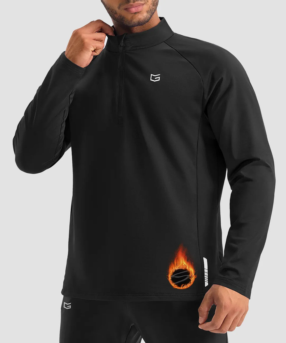 men's fleece quarter zip pullover long sleeve in black - collar detail