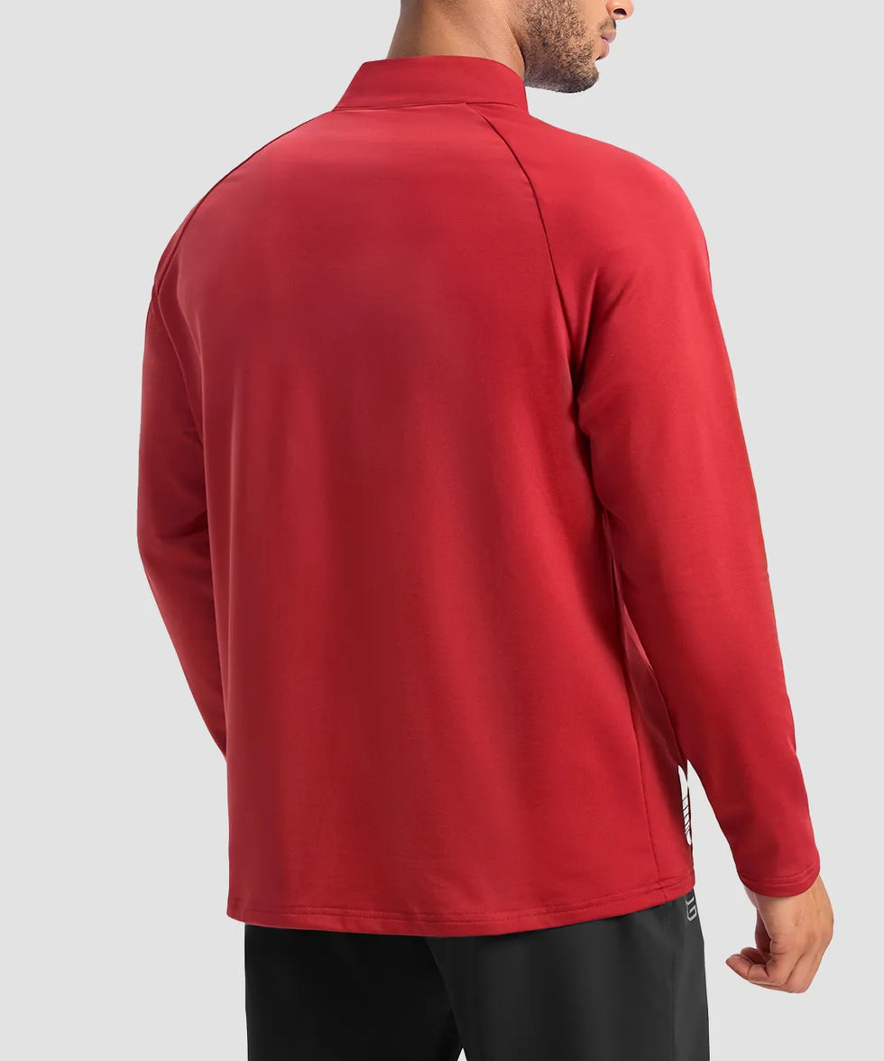 men's fleece quarter zip pullover long sleeve in dark red - back view