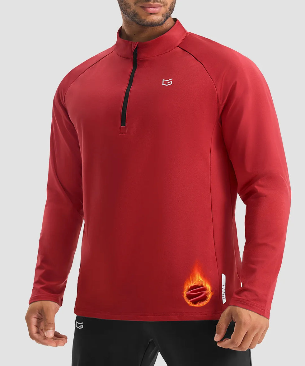 men's fleece quarter zip pullover long sleeve in dark red - collar detail