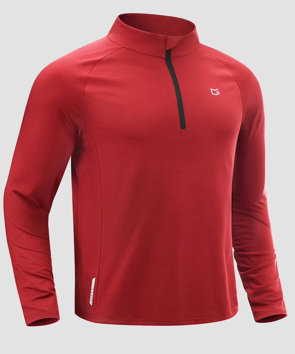 men's fleece quarter zip pullover long sleeve in dark red - fabric detail