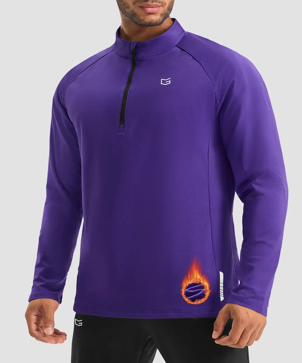 men's fleece quarter zip pullover long sleeve in deep purple - collar detail