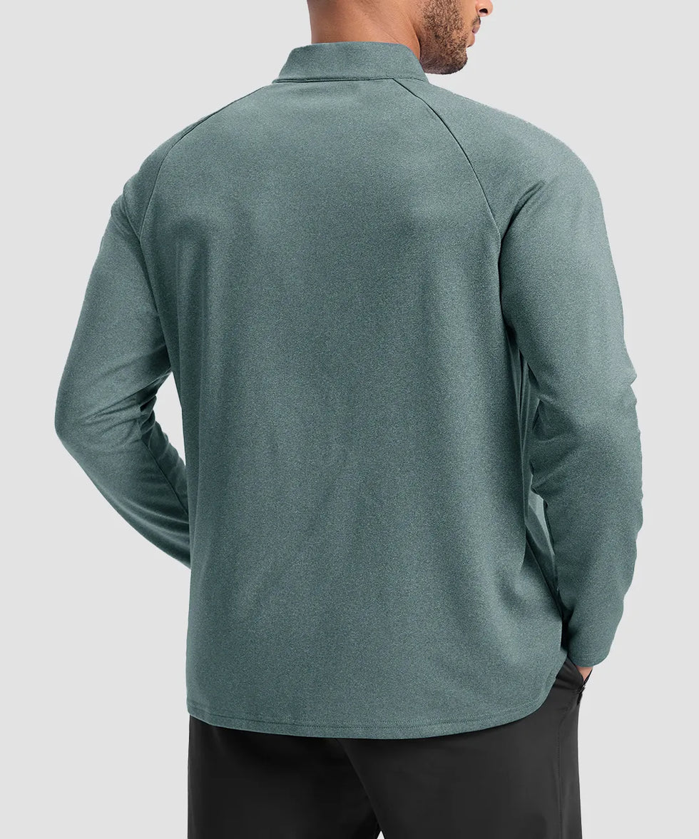 men's fleece quarter zip pullover long sleeve in heather beryl green - back view
