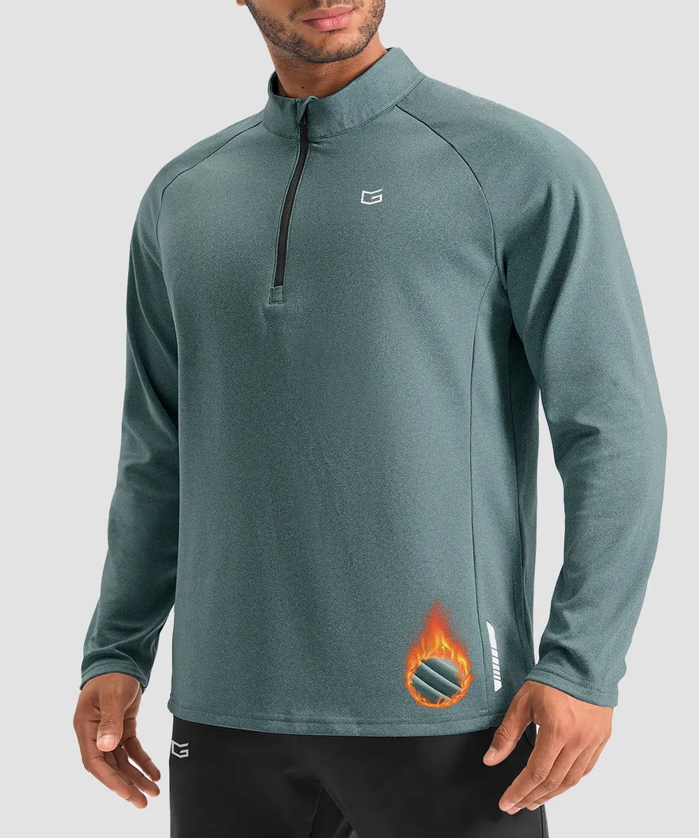 men's fleece quarter zip pullover long sleeve in heather beryl green - collar detail