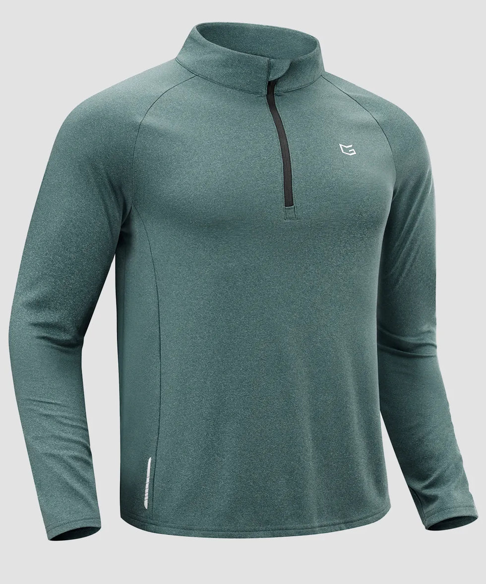 men's fleece quarter zip pullover long sleeve in heather beryl green - fabric detail