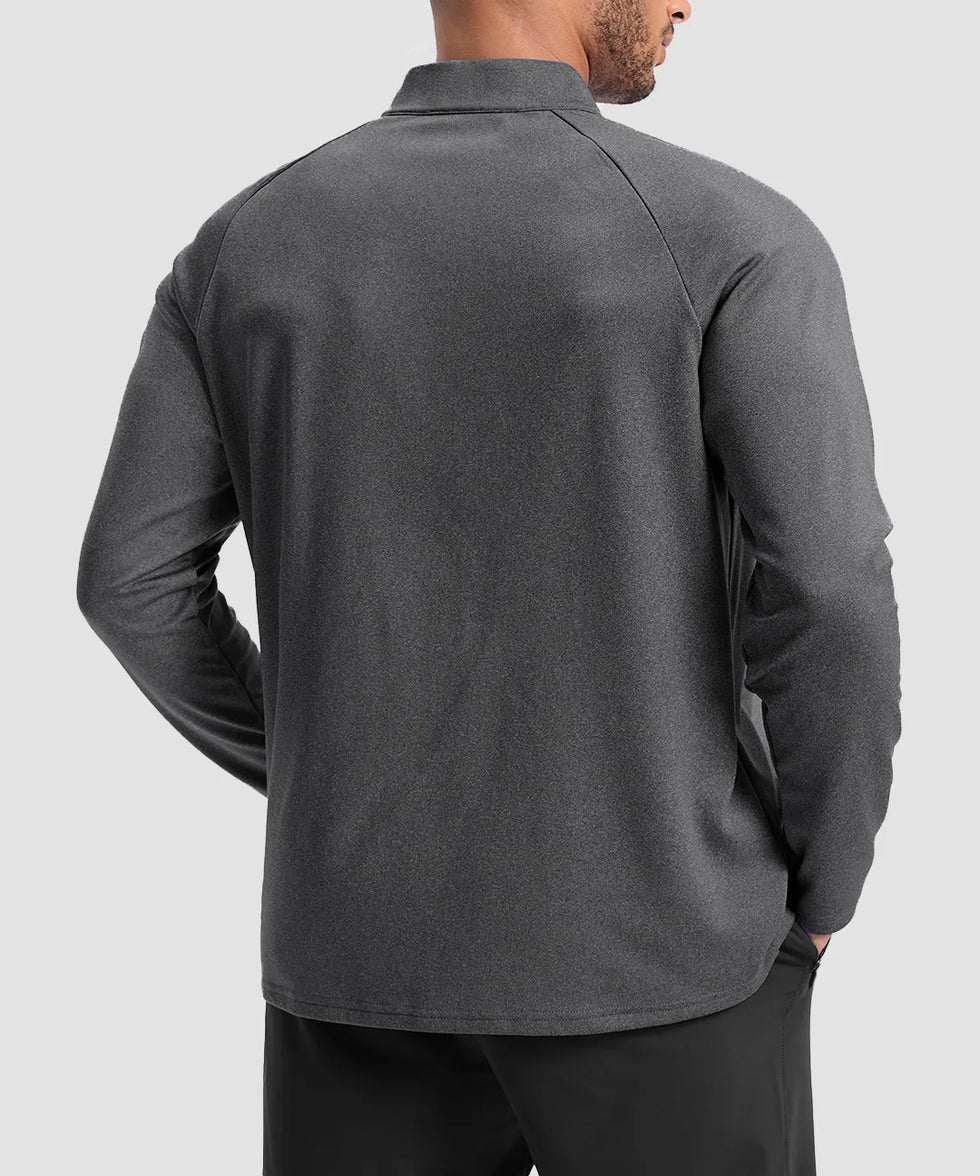men's fleece quarter zip pullover long sleeve in heather dark gray - back view