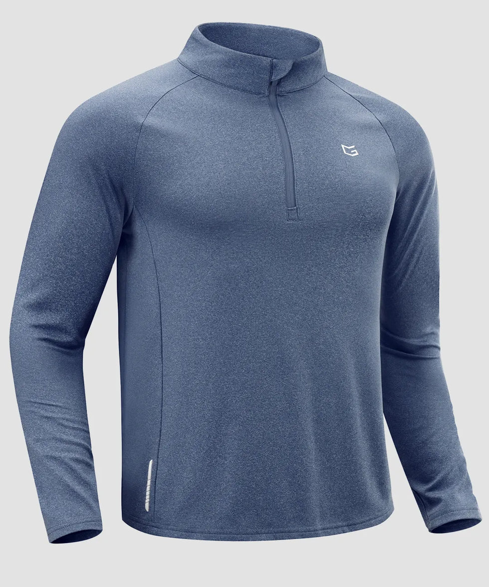 men's fleece quarter zip pullover long sleeve in heather dusty blue - fabric detail