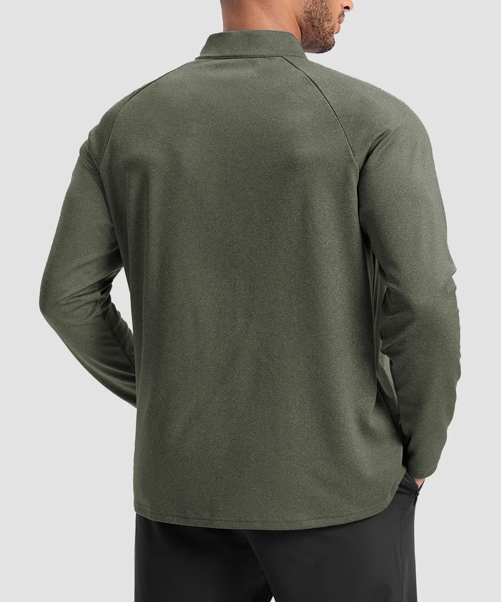 men's fleece quarter zip pullover long sleeve in heather olive - back view