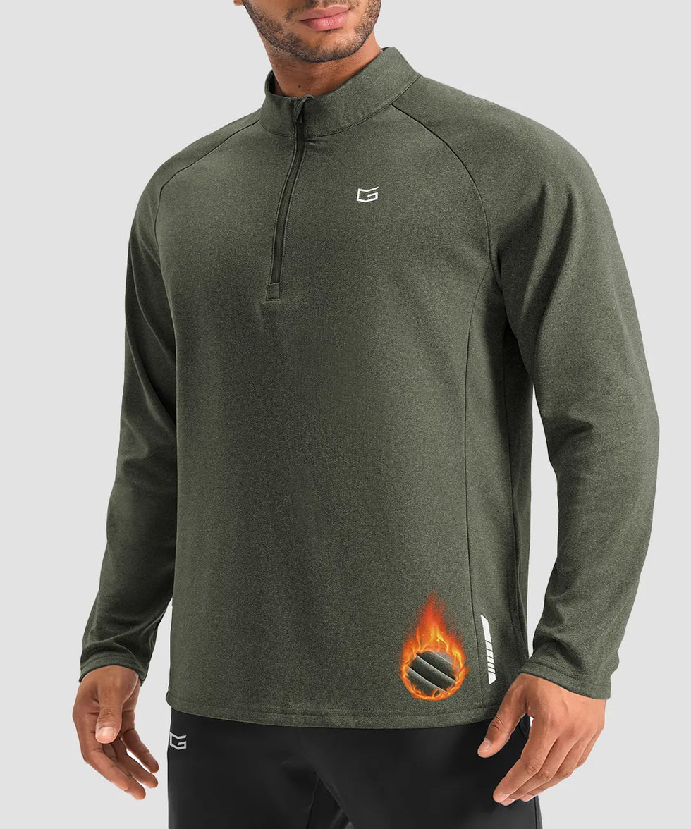 men's fleece quarter zip pullover long sleeve in heather olive - collar detail