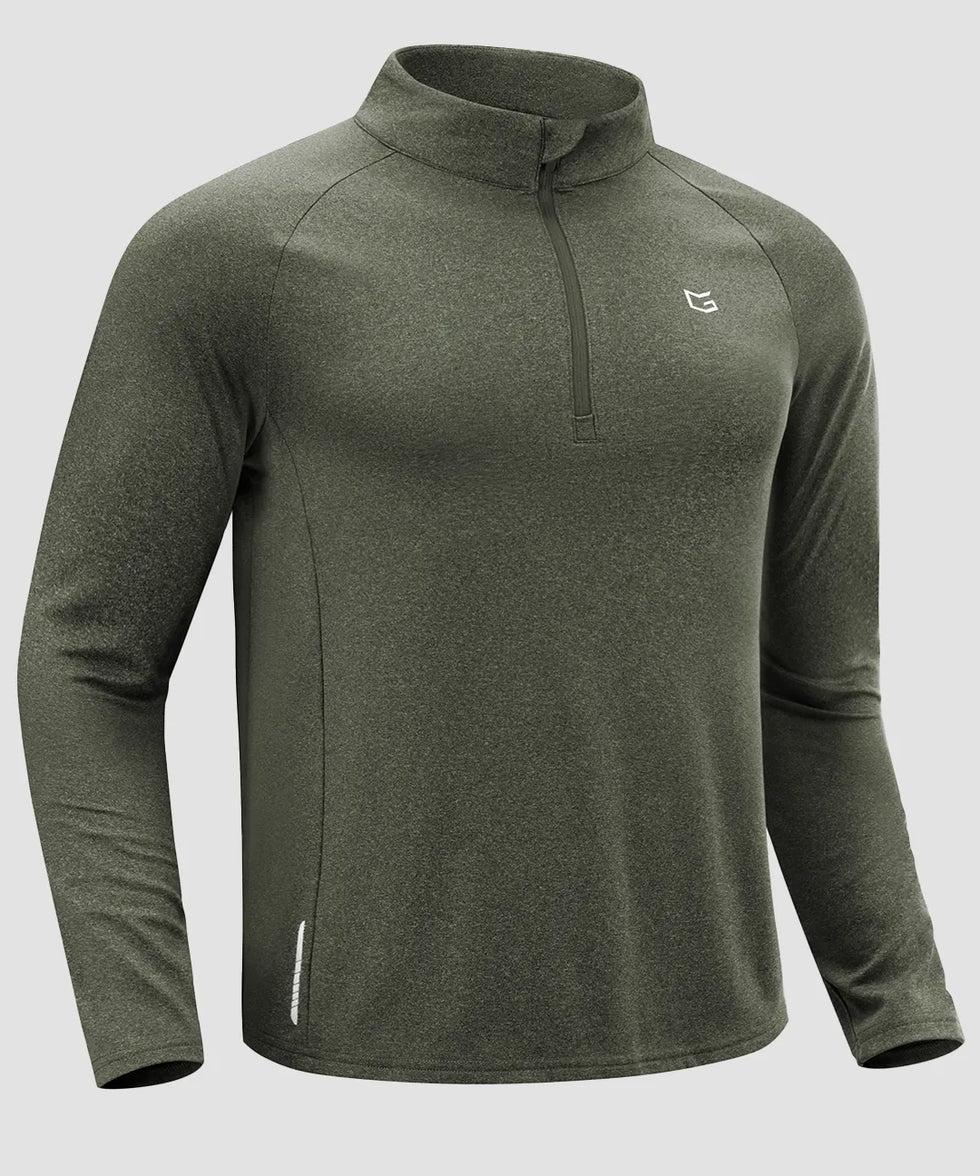 men's fleece quarter zip pullover long sleeve in heather olive - fabric detail